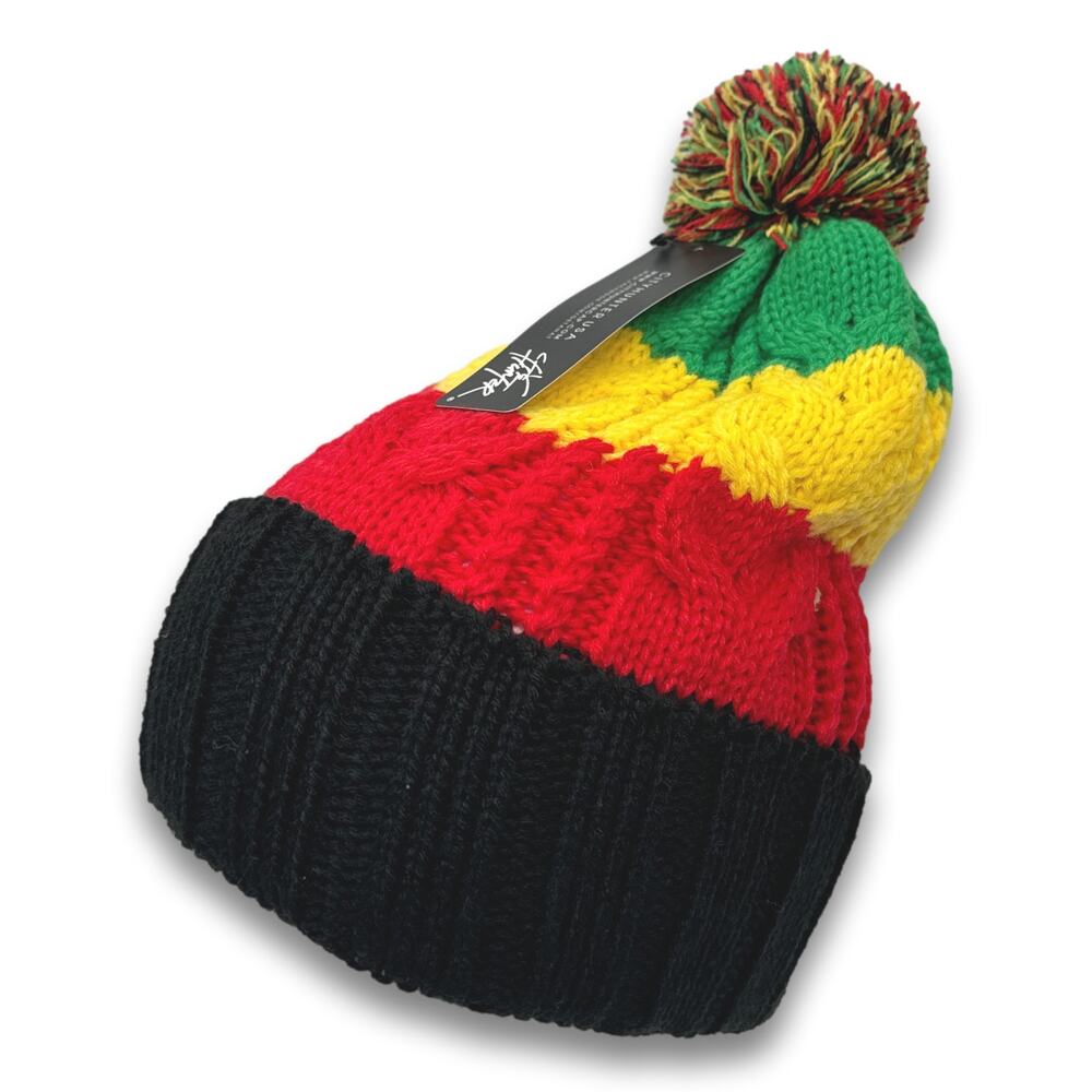 Stripe Pattern POM Beanie Thick Warm Soft Knit Long Cuffed Ski Cap Snowboard Hat
